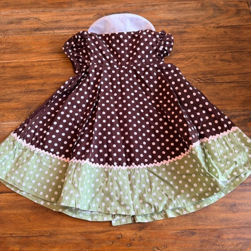 Bonnie Jean Girls 2T Brown Green Polka Dot Horse Applique Peter Pan Collar Dress